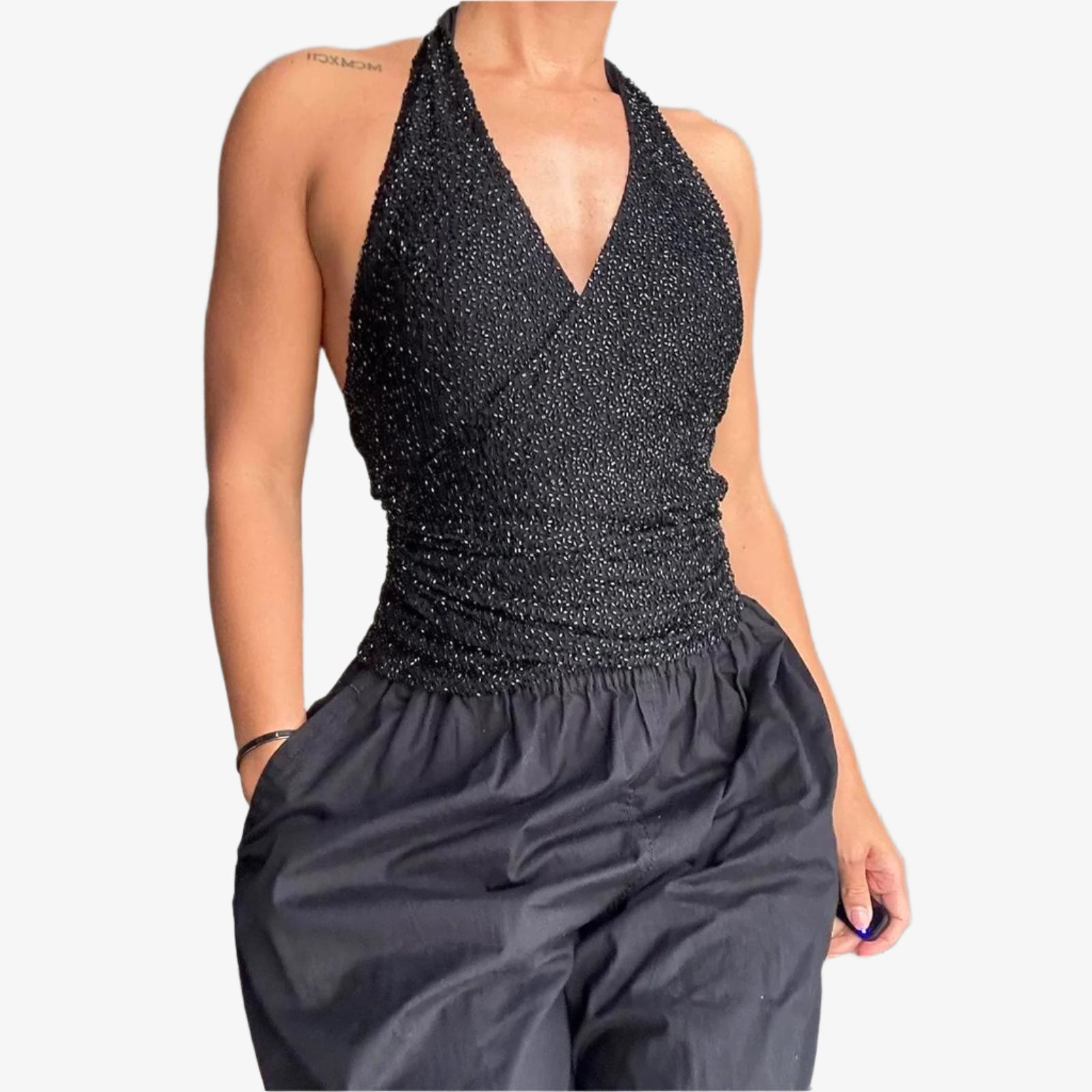 Cecily Brown beaded halter top with wrap clasp