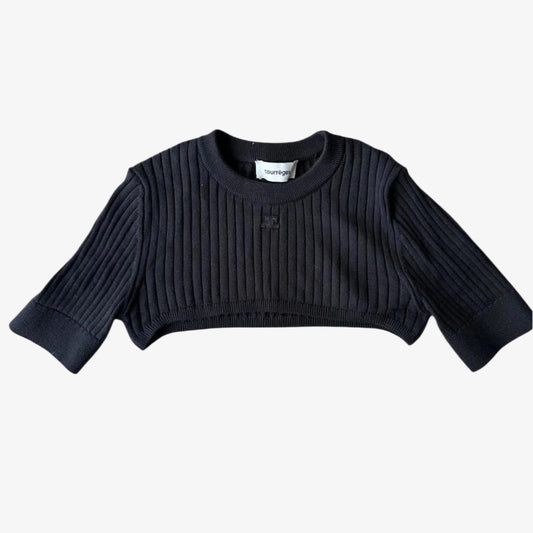 Black ribbed knit sweater on a light gray background
